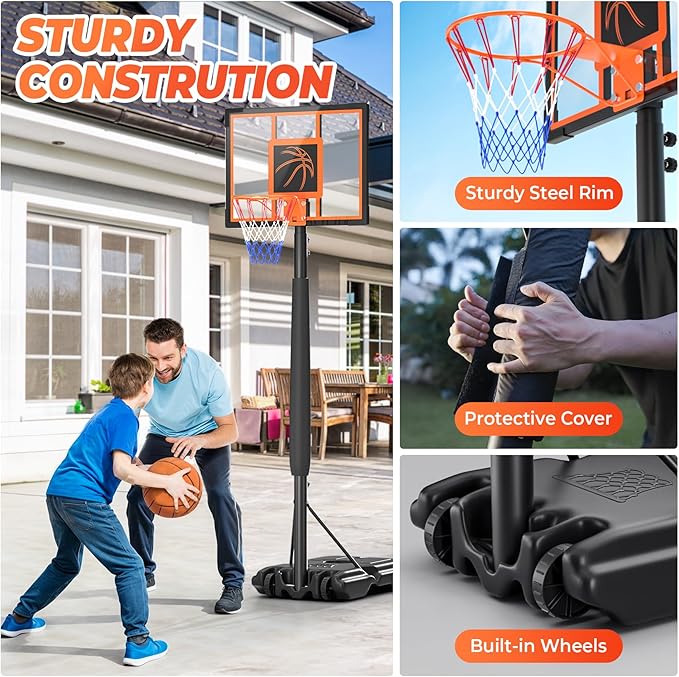 Basketball Hoop Outdoor Basketball Goal Portable Adjustable for Adults, Youth in Backyard, Driveway, Indoor, 44 Inch Pc Shatterproof Backboard, 2 Sand Bags and Portable Wheels
