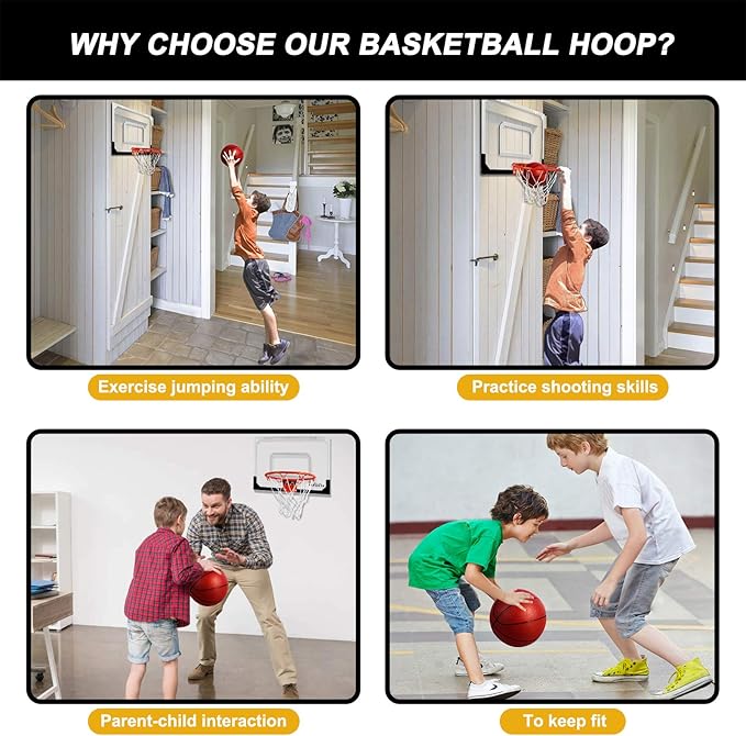 Indoor Mini Basketball Hoop Set Pro with 4 Balls for Kids and Adults for Door & Wall with Complete Basketball Accessories Perfect Christmas Birthday Gifts For Boys Teens