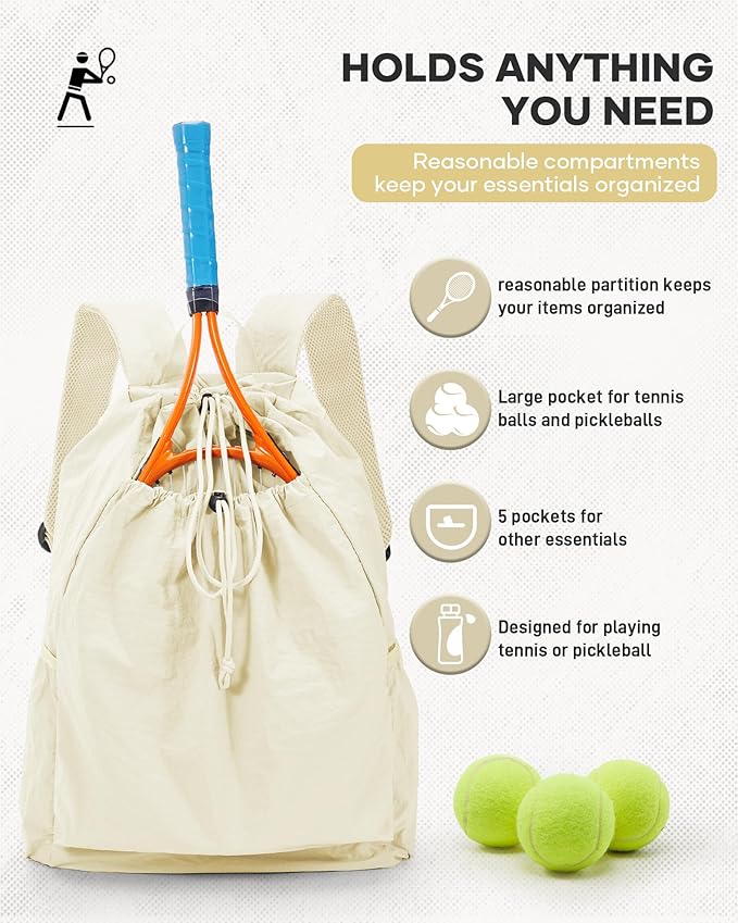 Tennis Racket Bag for Women, Waterproof Tennis Badminton Backpack 2 Racquets, Drawstring Racket Case for Ball Paddles