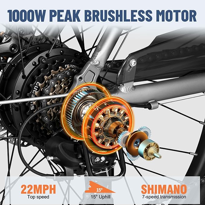 Core Electric Bike for Adults - Peak 1000W/1200W Brushless Motor Ebike, 468&500Wh Removable Built in Battery 26&27.5X2.1 Tire Step Over Bicycle with 7 Speed, Commute E Bikes