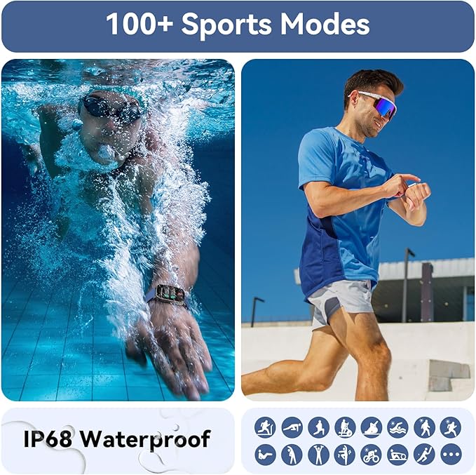 Smart Watch for Women/Men Android & iPhone, 1.85" Touch Screen Fitness Tracker with Answer/Make Call, IP68 Waterproof 24/7 Health/Sleep Monitor, Pedometer, 100+ Sport Modes (2 Bands), Dark Blue
