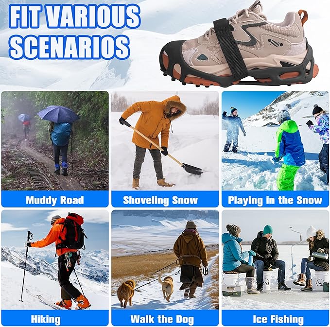 Ice Cleats Snow Traction Cleats for Boots and Shoes 28 Studs Ice Crampons for Walking on Snow and Ice Anti Slip Coershoe Rubber Ice Grippers Slip-on Stretch Footwaer