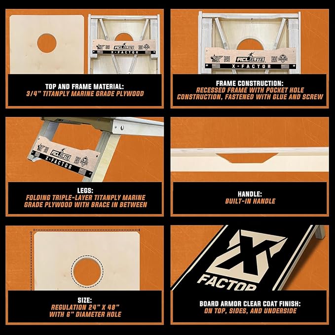 Titan Bags X Factor Cornhole Boards - ACL Elite Approved Cornhole Board Set w/Patent Pending X Underside Bracing for Maximum Durability - Regulation Size for Professional & Outdoor Sports Game