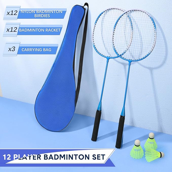 12 Pack Badminton Rackets Set Including Rackets, Nylon Shuttlecocks and Carry Bag for Outdoor Backyard Games Beginners