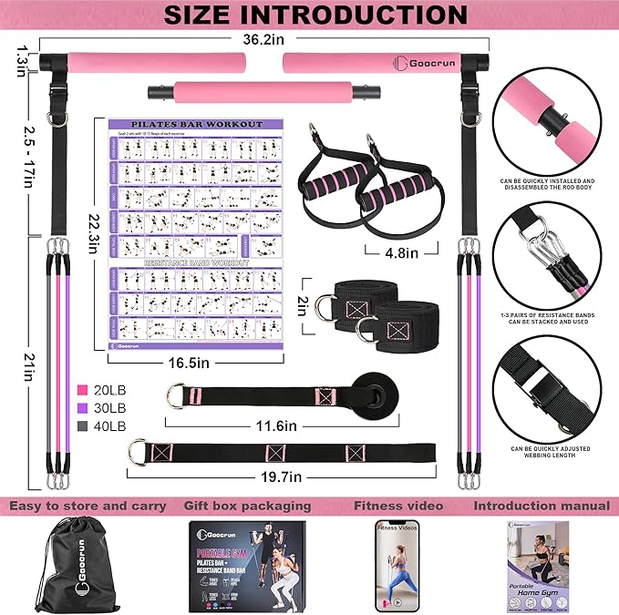 Portable Pilates Bar Kit with Resistance Bands for Men and Women - 3 Set Exercise Resistance Bands - Multifunctional Home Gym - Supports Full-Body Workouts โ with Fitness Poster and Video