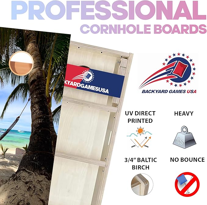 CornholeGamesUSA Pro Cornhole Boards Set | Made in USA | 3/4 Baltic Birch | No Bounce | Triple Thick Legs | Two Brace & Handles, Tournament 2x4 Regulation Set with Score Tower & Cornhole Bags