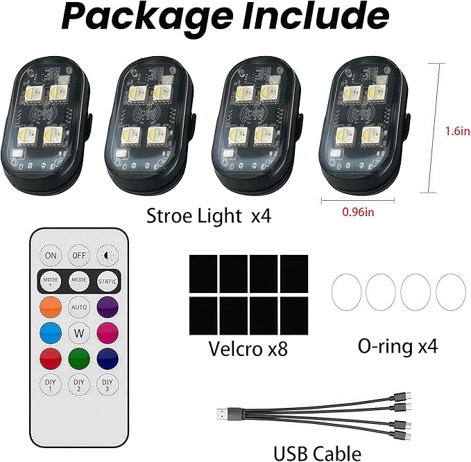 4PCS Wireless LED Strobe Lights with Remote Control, RGB 8 Colors Multifunction, USB Charging Waterproof Anti-Collision Tail Warning Mini Light for Car Motorcycle Trucks Bike Drone Aircraft (4)