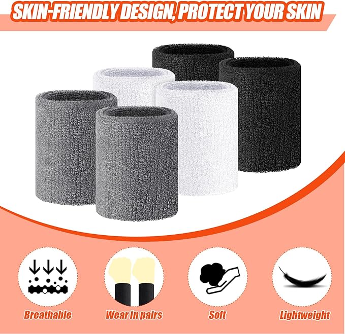 Wettarn 6 Pcs 4 Inch Wrist Sweatbands Tennis & Gymnastics Wristbands for Grips & Sport Cotton Elastic Thick Wrist Bands for Tennis & Football
