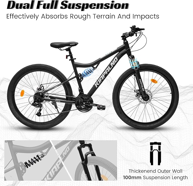 24/26/27.5 Inch Mountain Bike, Dual Full Suspension 21 Speed Womens Mens Mountain Bikes, Commuter Bike with Carbon Steel Frame and Dual Disc Brakes