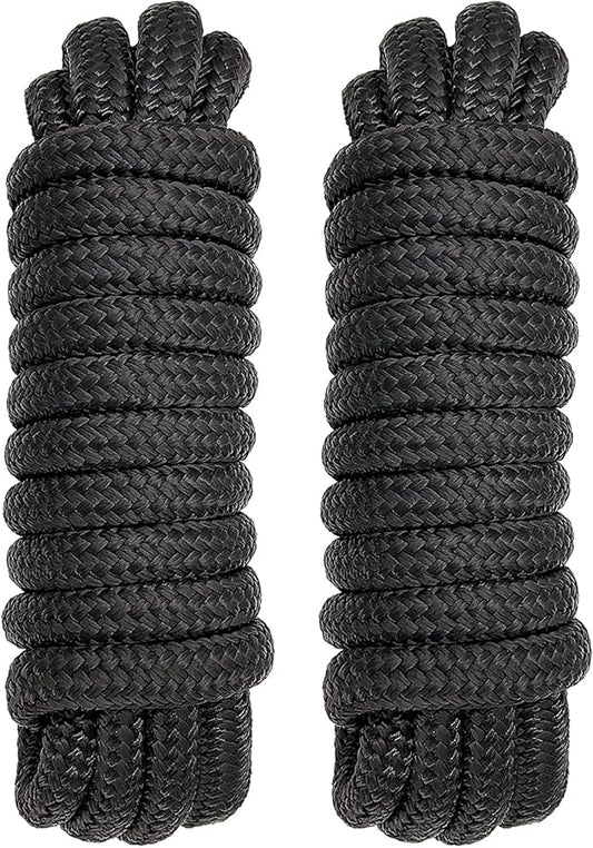 2 Pack 5/8" x 30' Dock Lines - Marine Grade Nylon Boat Rope with 15" Loop for Docking and Mooring - Double Braided Boat Lines, High Strength, Easy Handling, Fray Resistant - Black
