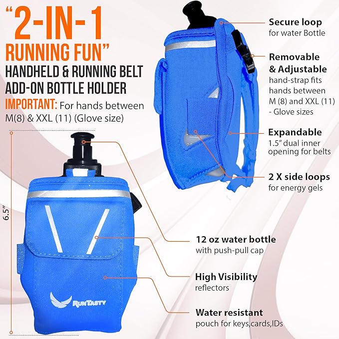 2-in-1 Running Fun – Handheld 12 Oz Water Bottle & Running Belt Add-On – No-Grip Design, Straps on Hand & Slides on Belt, Waterproof Pocket for Money, Keys, Gels – Maximize Time, Freedom & Health