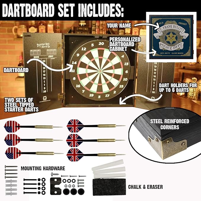 THOUSAND OAKS BARREL CO. | Personalized Dartboard & Cabinet Set with 6 Steel Tip Darts
