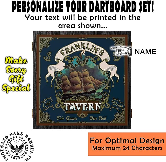 THOUSAND OAKS BARREL CO. | Personalized Dartboard & Cabinet Set with 6 Steel Tip Darts