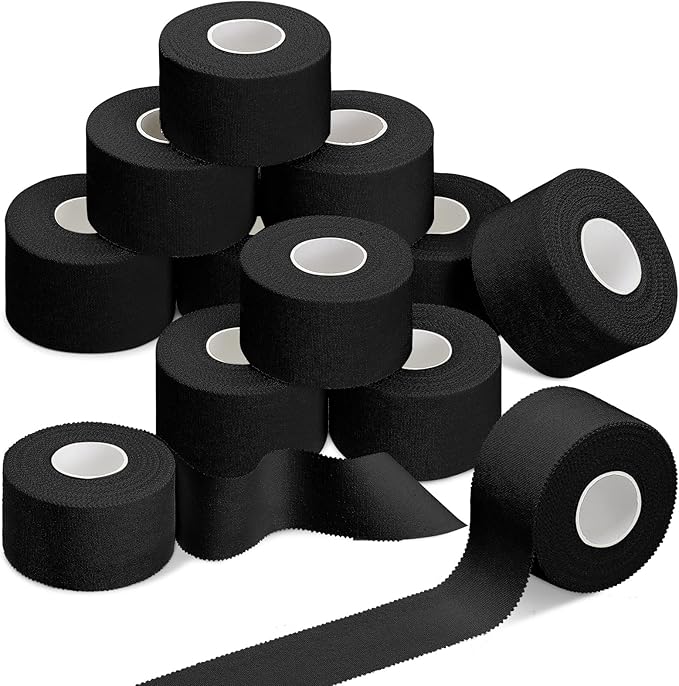 Hoolerry 12 Rolls 130 Yard Athletic Sports Tape Pre Wrap Very Strong Easy Tear No Sticky Residue Tape for Fingers Ankles Wrist Injury Wrap, Football Baseball Hockey Soccer(1.5 in,Black)