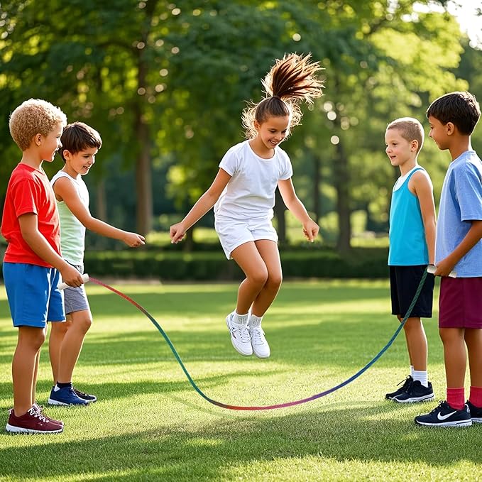 2 PCS Long Jump Ropes, 16 FT Adjustable Skipping Rope for Kids, Double Dutch Jumping Ropes, Rainbow Jump Rope with Wooden Handle, Nylon Jumping Rope for Outdoor Fun, Party Game
