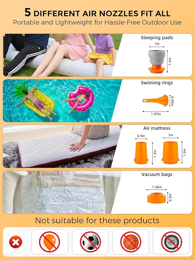 Qunature Air Pump Portable Mini Electric Pump for Inflatables with 1500mAh Battery Camping Light Rechargeable USB Inflate Deflate for Air Bed Mattress,Pool Floats,Swimming Ring,Vacuum Storage Bags