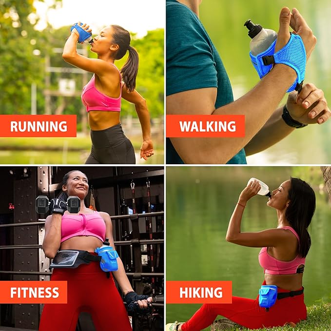 2-in-1 Running Fun – Handheld 12 Oz Water Bottle & Running Belt Add-On – No-Grip Design, Straps on Hand & Slides on Belt, Waterproof Pocket for Money, Keys, Gels – Maximize Time, Freedom & Health