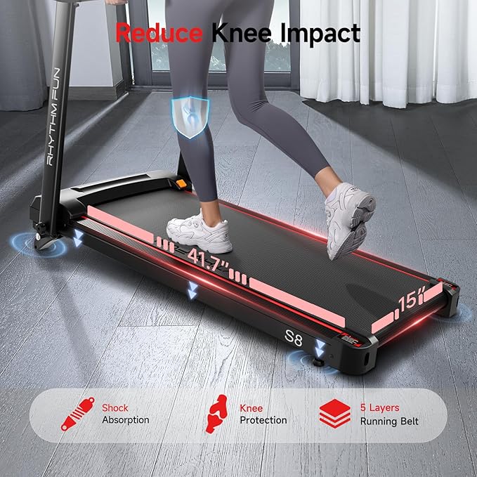 RHYTHM FUN Treadmill with Incline, 8.0 MPH Treadmills for Home with 8% Incline, Foldable Treadmill with Handles, Low Noise Walking Pad for 300 lbs