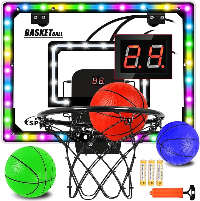 Mini Basketball Hoop Indoor with Scorer and Batteries, Indoor Basketball Hoop Over The Door with Colorful LED Lighting, Toy Basketball Set for Boys Girls Age 3 4 5 6 7 8