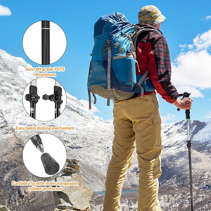 Travel Folding Trekking Hiking Pole with Carrying Case,Collapsible Cane Adjustable Walking Stick Portable Mobility Aid for Women Men Hikers Gift,Black