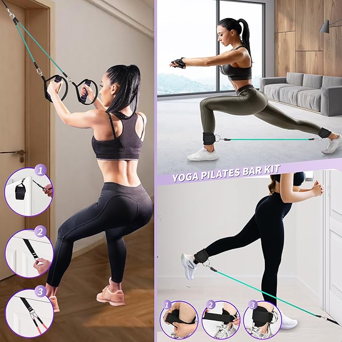 Portable Pilates Bar Kit with Resistance Bands for Men and Women - 3 Set Exercise Resistance Bands - Multifunctional Home Gym - Supports Full-Body Workouts β with Fitness Poster and Video