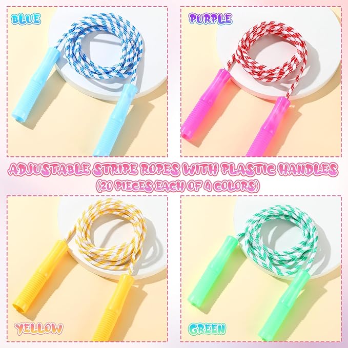 Aoriher 80 Pcs Jump Rope Bulk Kids 7.22 ft Adjustable Stripe Skipping Rope Outdoor Exercise Fitness Equipment for Back to School Class Playground Activities Set, 4 Colors