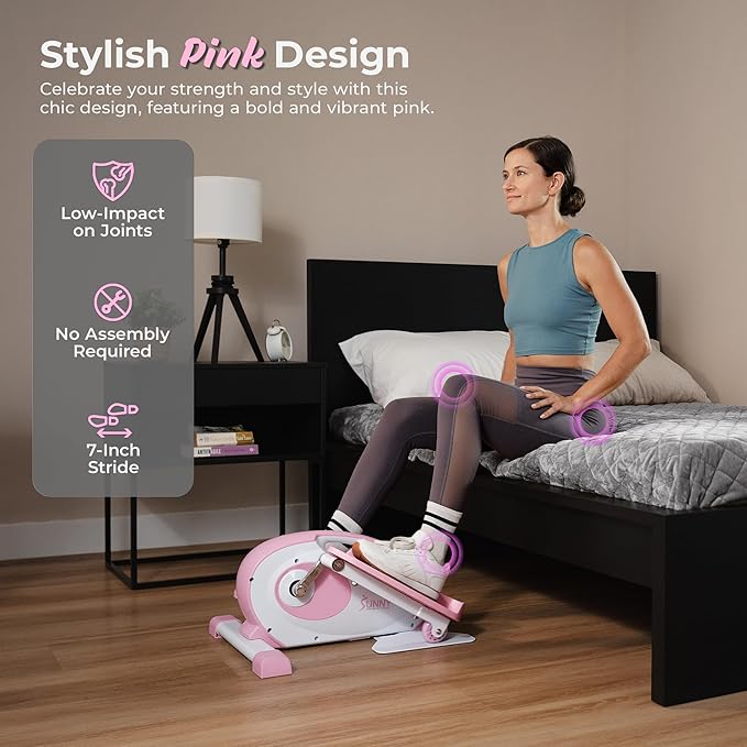 Sunny Health & Fitness Sitting Under Desk Elliptical Exerciser, Portable Pedal Training Machine for Senior Exercise, Peddler for Home Workout, Optional Free SunnyFit App, Magnetic, Motorized & In Pink
