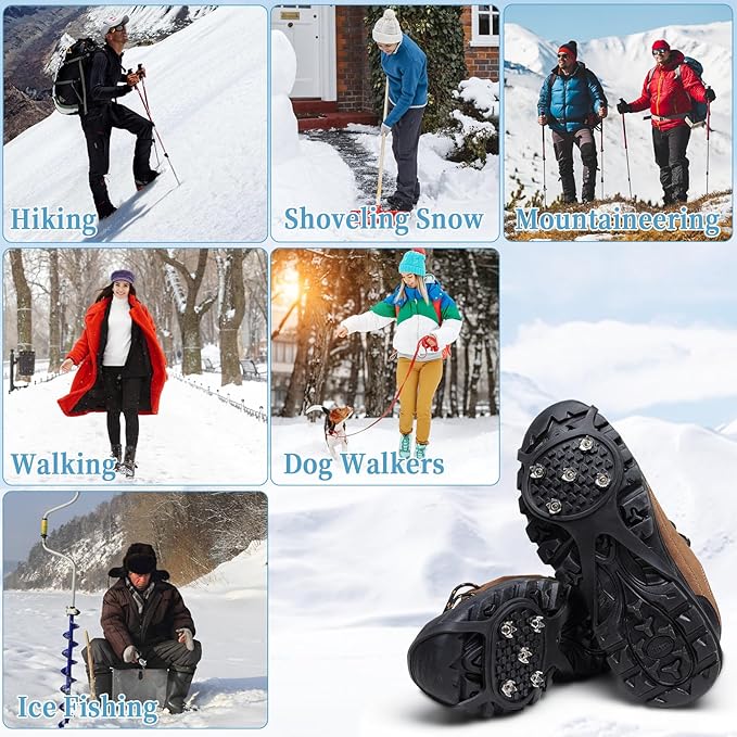 2 Pairs Non Slip Gripper Spike, Ice Grippers Traction Cleats Snow Shoe Spikes Grips Crampons with 10 Steel Studs Cleats