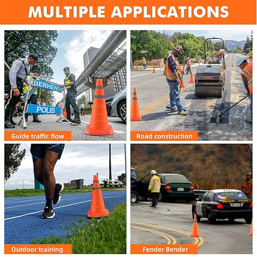 18 Inch 6 Pack Collapsible Traffic Safety Cones, Orange Cones with Reflective Collar, Portable Multipurpose Traffic Cones for Parking Construction Driving Training Sports Practice