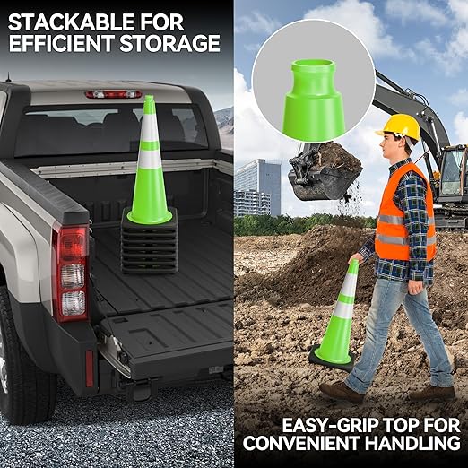 28 Inch Traffic Cones with Heavy Weighted Base (8 Pack) - Green Safety Cones with Reflective Collars for Parking Lots, Road Construction, and Event Control