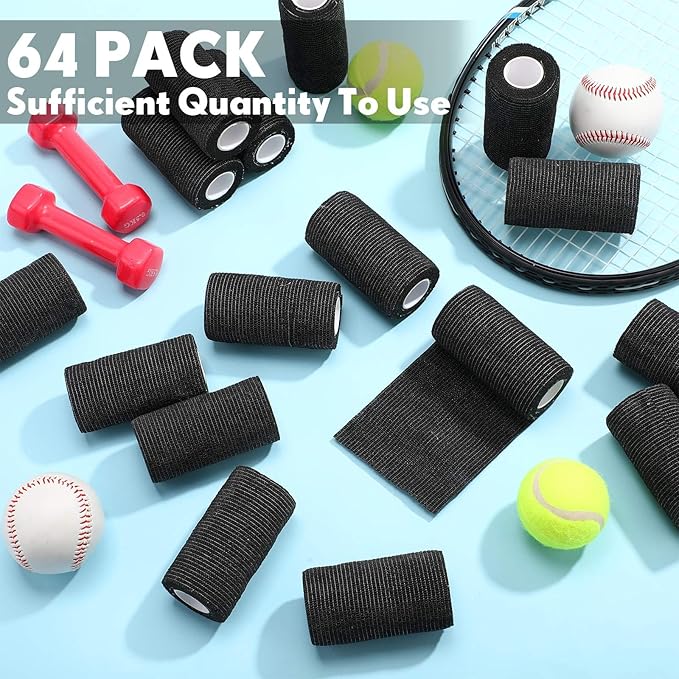 Treela 64 Pack 4" x 5 Yards Self Adhesive Cohesive Bandage Wraps, Elastic Breathable Athletic Tape, Flexible Self Adherent Bandage Rolls for Wrist, Ankle, Fingers, Sports & Pets (Black)