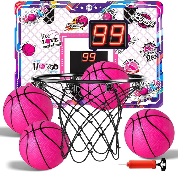 LovesTown Mini Indoor Basketball Hoop for Kids, Pink Basketball Hoops Over The Door with LED Lighting - 4 Balls - DIY Stickers, Great for Home, Dorms, Offices, and Gifts for Girls