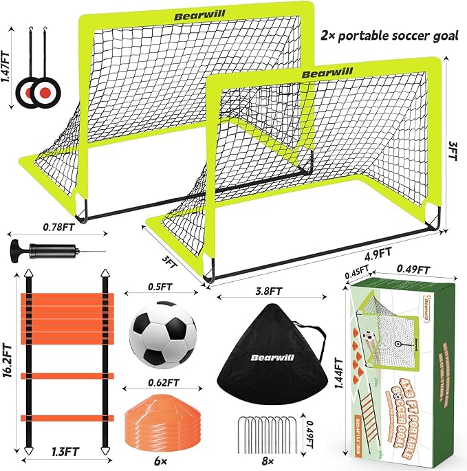 Soccer Goal, Kids Soccer Goals for Backyard Set of 2, 4x3ft Portable Soccer Goal Pop Up Soccer Net, Kids Soccer Net Training Equipment with Soccer Ball, Ladder, Cones, Targets
