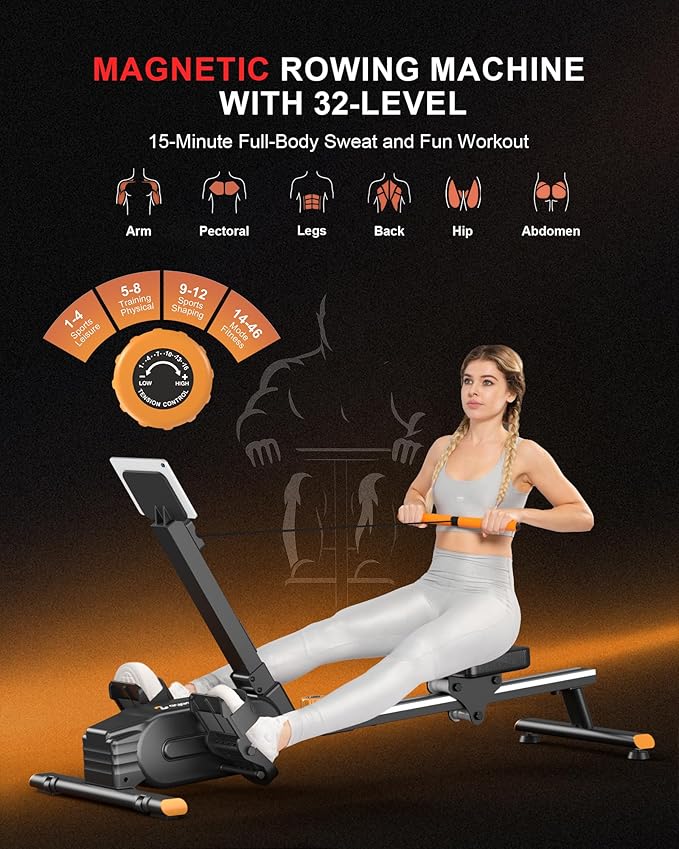 Magnetic Rowing Machine, 350 LB Weight Capacity Rower Machine for Home Use, Tablet Holder and Comfortable Seat Cushion-New Version