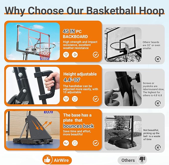 Basketball Hoop 45’’PC Shatterproof Backboard Outdoor Basket Ball Hoop Indoor 4.4-10FT Adjustable Basketball Goal w/Basketball Accessories Net Rim Toddler Basketball Hoop for Kids