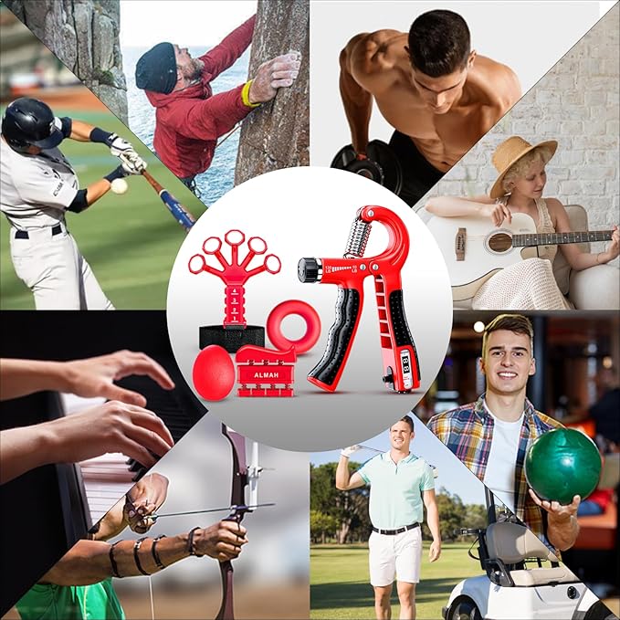 ALMAH Hand Grip Strengthener kit(5 Pack),Grip Strength Trainer,Forearm Workout Trainer Adjustable Grip Exercises,Finger Grip Strengthener,Finger Stretcher,Grip Ring & Stress Relief Ball with Carry Bag