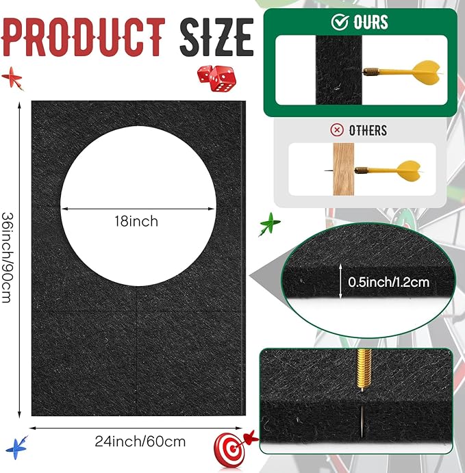 Extended Length Dart Board Surround Wall Protectors Fit 17.75'' and 18'' Dartboard Dart Backboard Felt Wall with Removable Adhesive Tabs