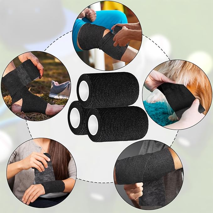 Treela 64 Pack 4" x 5 Yards Self Adhesive Cohesive Bandage Wraps, Elastic Breathable Athletic Tape, Flexible Self Adherent Bandage Rolls for Wrist, Ankle, Fingers, Sports & Pets (Black)
