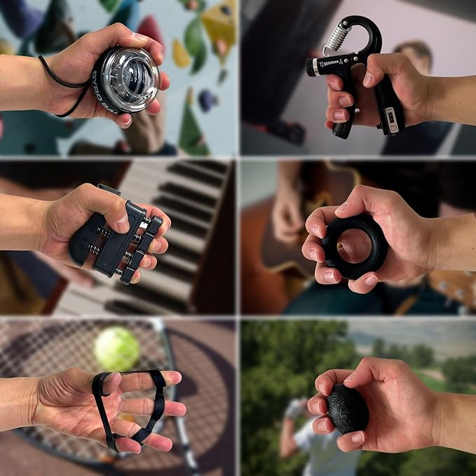 Hand Grip Strengthener Workout Kit (8 Pack) Forearm Grip Adjustable Resistance Hand Gripper, Finger Stretcher, Finger Exerciser, Grip Ring,Gyro Ball (black)