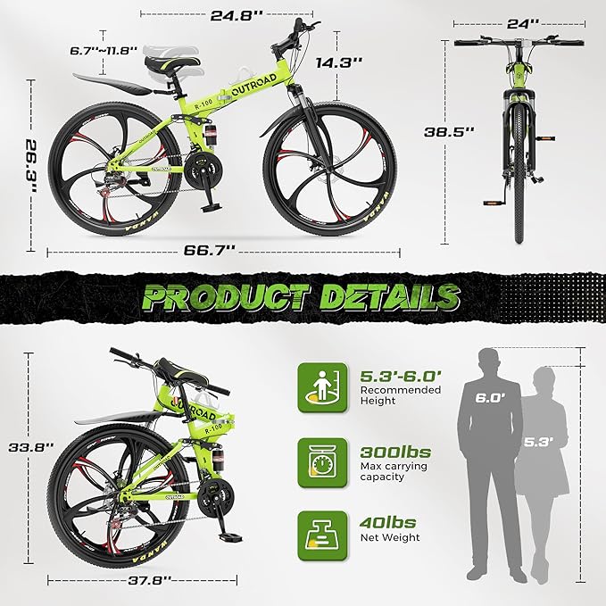 Outroad 26 Inch Folding Mountain Bike, 21 Speed Full Suspension High-Carbon Steel MTB Foldable Bicycle, Dual Disc Brake Non-Slip Folding Bikes for Adults/Men/Women, Black, Orange and Green