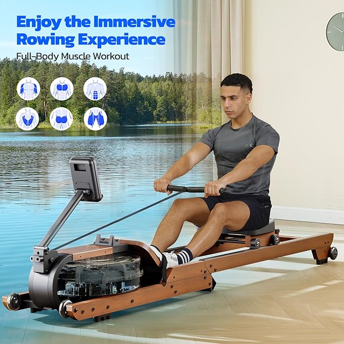 Dripex Water Rowing Machines for Home Use, Foldable Row Machine with 400LBS Weight Capacity, Rower Machine with Dedicated LCD Monitor, Comfortable Seat, Bluetooth App Compatible for Home Gym Exercise