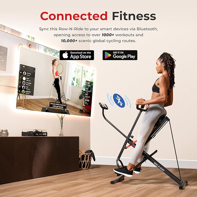 Sunny Health & Fitness Smart Upright Row-N-Ride Trainer w/Adjustable Resistance & 330LB Weight Capacity, Foldable Home Exercise Equipment for Arm, Glute & Leg Training, Free SunnyFit App Connection