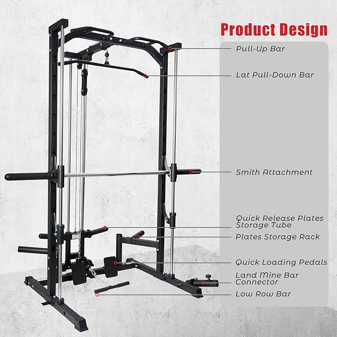 RitFit Smith Machine Power Rack with LAT-Pull Down System, Landmine, Barbell Bar, Plate Storage Pegs and More Training Attachment