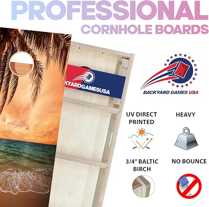 CornholeGamesUSA Pro Cornhole Boards Set | Made in USA | 3/4 Baltic Birch | No Bounce | Triple Thick Legs | Two Brace & Handles, Tournament 2x4 Regulation Set with Score Tower & Cornhole Bags