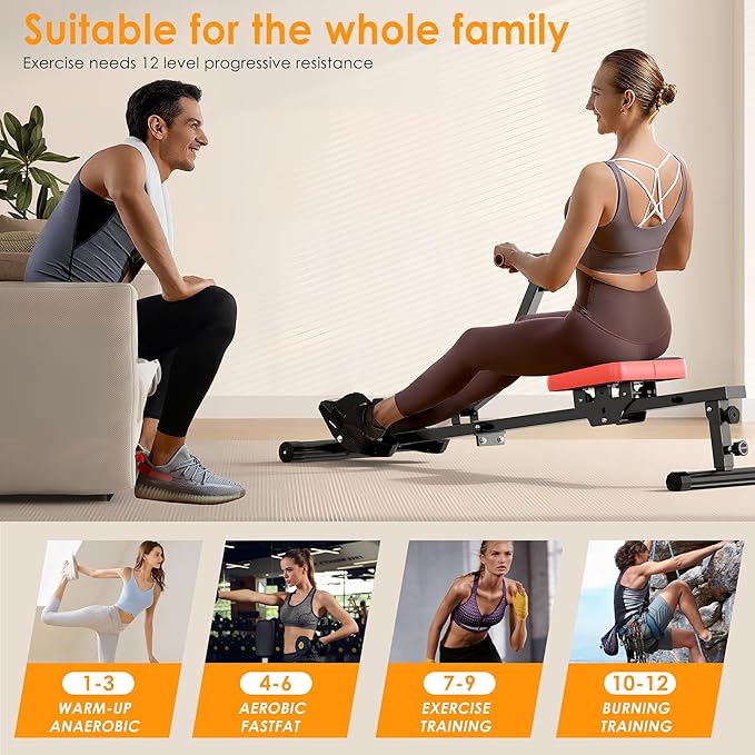 soges Rowing Machine for Home,Indoor Exercise Rower Machine with Digital Monitor,12 Levels Adjustable Resistance Portable Rower w/Wheels,400LBS Weight Capacity Gyms Fitness and Cardio Training,Black