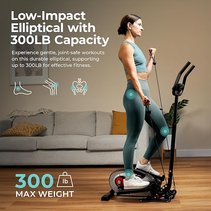 Sunny Health & Fitness 2-in-1 Sit/Stand Mini Elliptical Machine, Portable Under Desk Peddler Exerciser for Senior Home Workout, Optional Free Sunnyfit App Bluetooth Link, Handlebars or Resistance Band