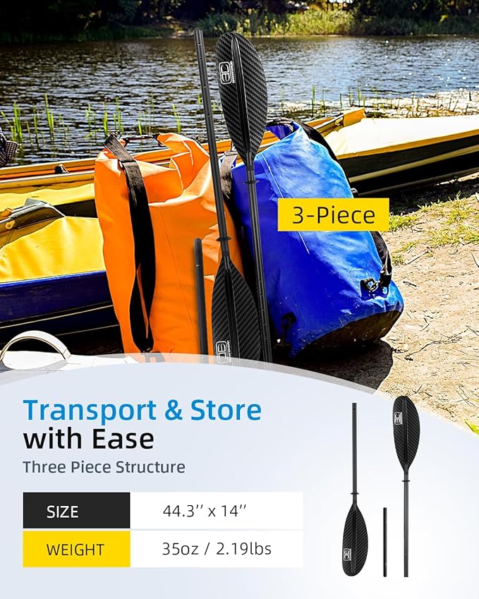OCEANBROAD Adjustable Carbon Fiber Kayak Paddle 86in/220cm to 94in/240cm Kayaking Oar for Adults with Paddle Leash 1 Paddle