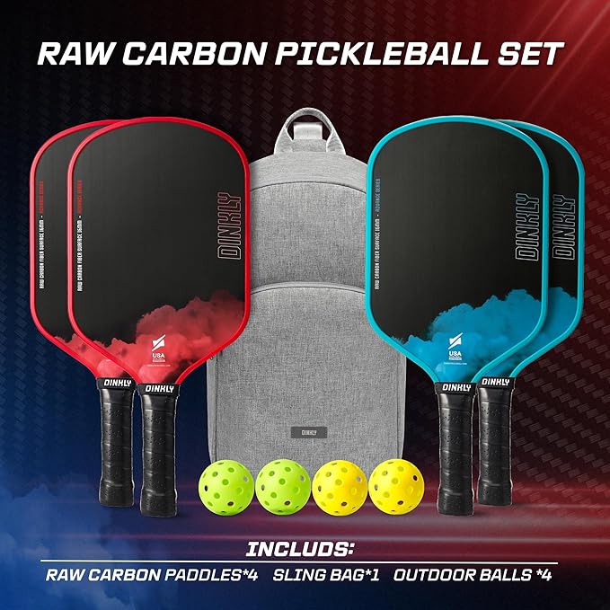 Raw Carbon Pickleball Paddles Set of 2/4, T700 Carbon Fiber Rackets with 16MM Honeycomb Polymer Core, 4 Balls and 1 Portable Carry Bag, USAPA Approved Pickleball Set for Men, Women