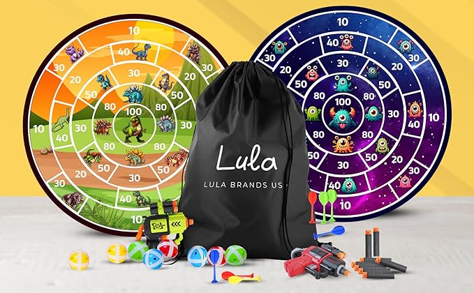Lula Brands Dart Board for Kids w/Backpack, Shoot Sticky Darts, Balls & Darts, Large 29” Double Sided Indoor Outdoor Sport Party Game, 4 Children Boys Girls 5 6 7 8 9 10 11 12 13