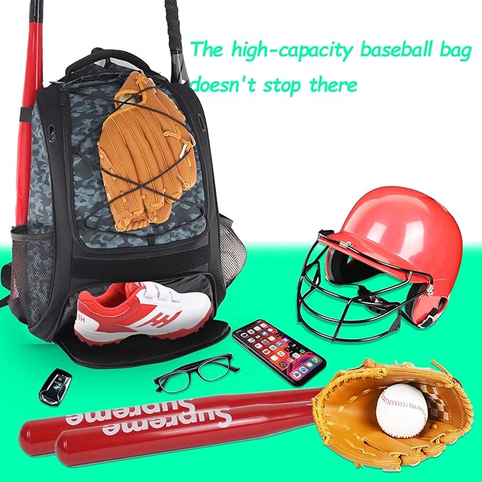 WOLT Youth Baseball Bag - Bat Backpack for Baseball, T-Ball & Softball Equipment & Gear, Bat & Glove Holder, Large Main Compartment for Helmet & accessories, Separate Shoes Compartment, Fence Hook